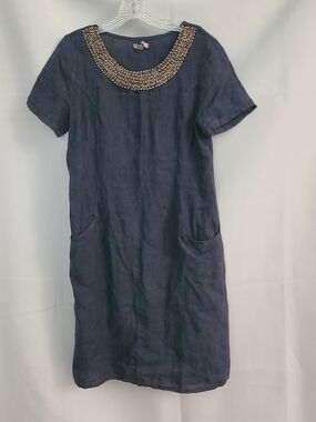 Lina Tomei S Navy Beaded Bib Neckline Linen Pockets Casual Pullover Shift Dress